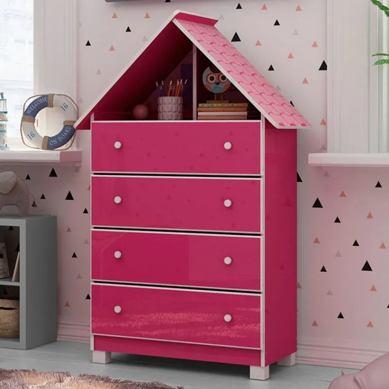 Cômoda Infantil Casinha Com Pés Gelius Móveis Pink Ploc/Branco