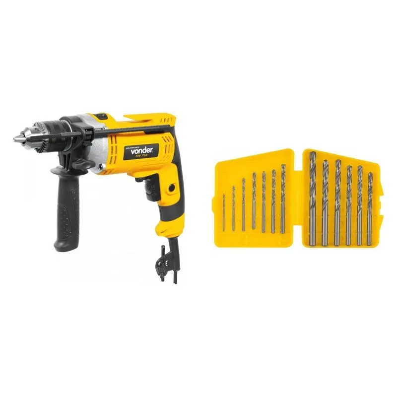 Kit Ferramentas MadeiraMadeira com Furadeira de Impacto 127V e Jogo de Brocas de Aço Rápido 15mm a 65mm 389958 Amarelo