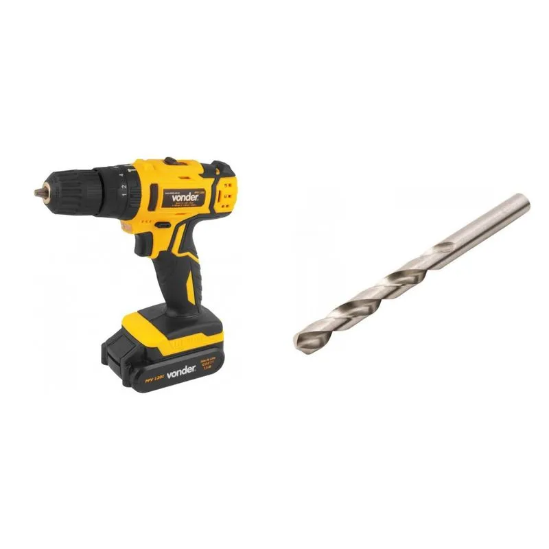 Kit Ferramentas MadeiraMadeira com Parafusadeira/Furadeira com impacto 12V Bivolt e Broca de Aço Rápido 9/32' 391720 Amarelo