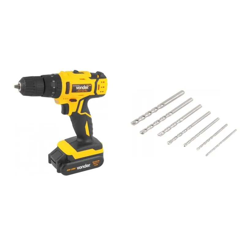 Kit Ferramentas MadeiraMadeira com Parafusadeira/Furadeira 18V Bivolt e Jogo de Brocas para Concreto 3mm a 10mm 389932 Amarelo