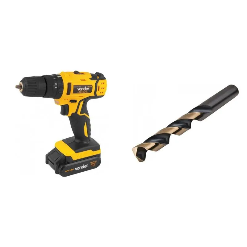 Kit Ferramentas MadeiraMadeira com Parafusadeira/Furadeira 12V Bivolt e Broca de Aço Rápido 20mm 388473 Amarelo