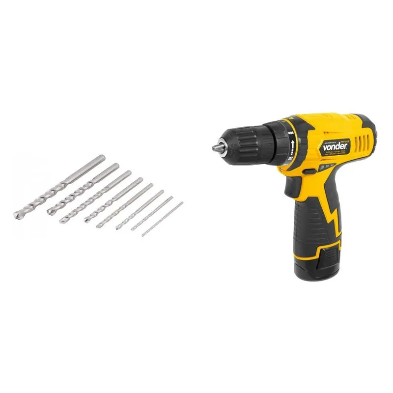 Kit Ferramentas MadeiraMadeira com Parafusadeira/Furadeira 108V Bivolt e Jogo de Brocas para Concreto 3mm a 12mm 389863 Amarelo