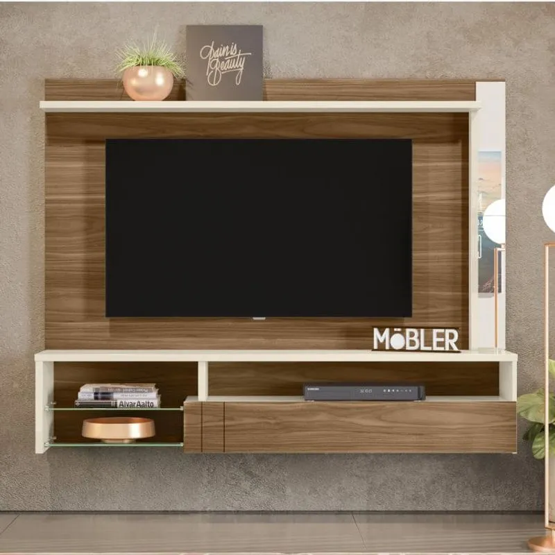 Painel Para TV até 58 Polegadas 1 Porta 3 Nichos Bari Belaflex Carvalho Nobre/ Off White