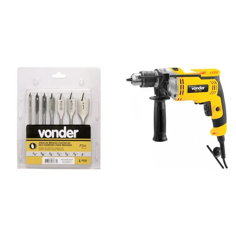 Kit Ferramentas MadeiraMadeira com Furadeira de Impacto 220V e Jogo de Brocas Chatas 1/4' a 1' 390084 Amarelo