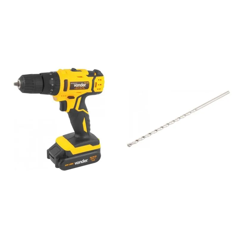 Kit Ferramentas MadeiraMadeira com Parafusadeira/Furadeira 18V Bivolt e Broca Extralonga para Concreto 80mm - 5/16' 391095 Amarelo
