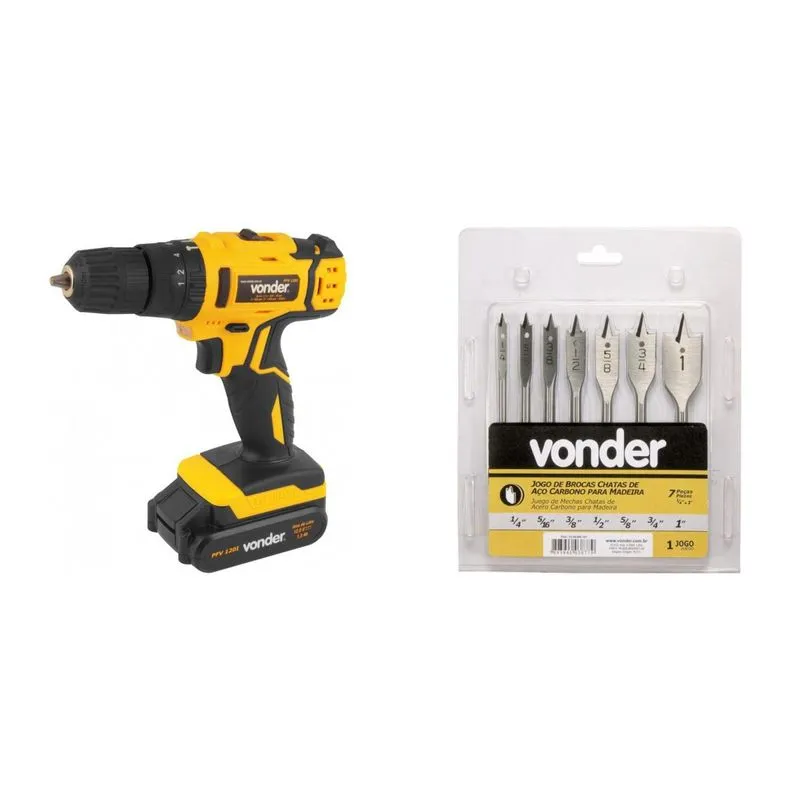 Kit Ferramentas MadeiraMadeira com Parafusadeira/Furadeira 12V Bivolt e Jogo de Brocas Chatas 1/4' a 1' 390094 Amarelo