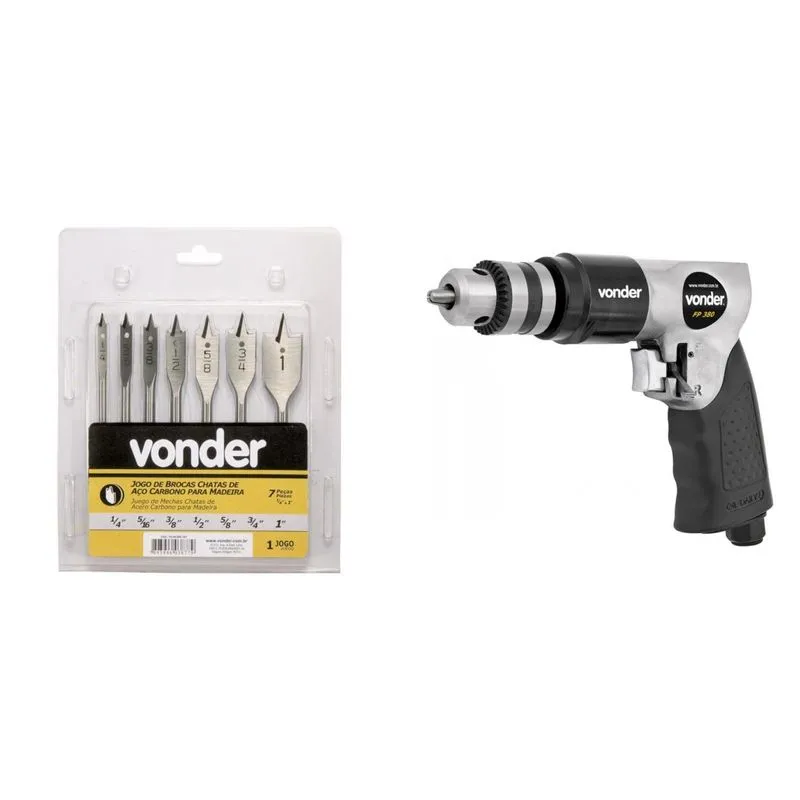 Kit Ferramentas MadeiraMadeira com Jogo de Brocas Chatas 1/4' a 1' e Furadeira Pneumática 390089 Cinza