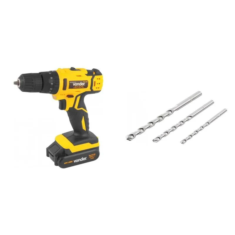 Kit Ferramentas MadeiraMadeira com Parafusadeira/Furadeira 18V Bivolt e Jogo de Brocas para Concreto 5mm a 8mm 389700 Amarelo