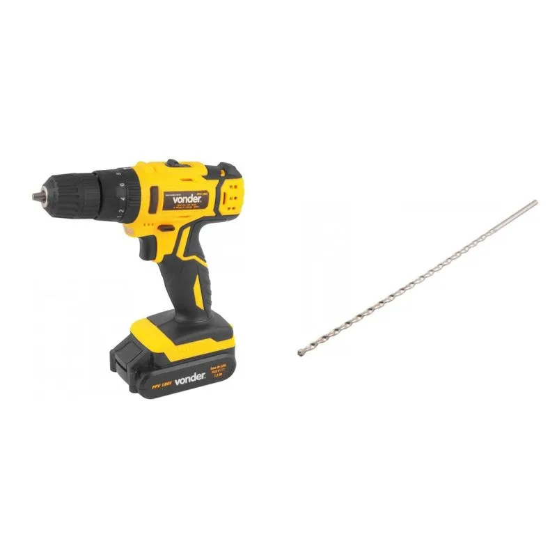 Kit Ferramentas MadeiraMadeira com Parafusadeira/Furadeira 18V Bivolt e Broca Extralonga para Concreto 60mm - 15/64' 391120 Amarelo