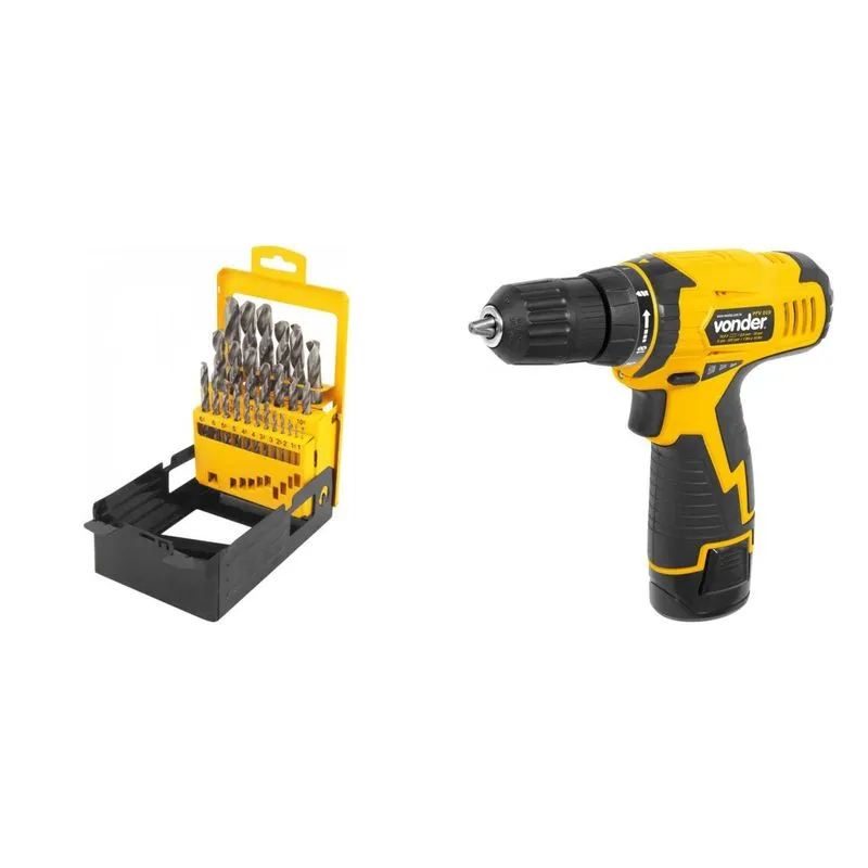 Kit Ferramentas MadeiraMadeira com Parafusadeira/Furadeira 108V Bivolt e Jogo de Brocas de Aço Rápido 10mm a 130mm 389992 Amarelo