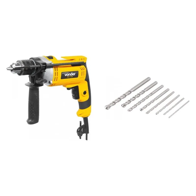 Kit Ferramentas MadeiraMadeira com Furadeira de Impacto 127V e Jogo de Brocas para Concreto 3mm a 12mm 389845 Amarelo