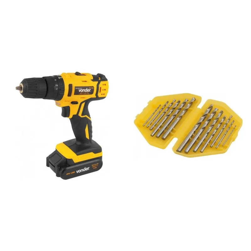 Kit Ferramentas MadeiraMadeira com Parafusadeira/Furadeira 12V Bivolt e Jogo de Brocas de Aço Rápido 1/16' a 1/4' 390019 Amarelo