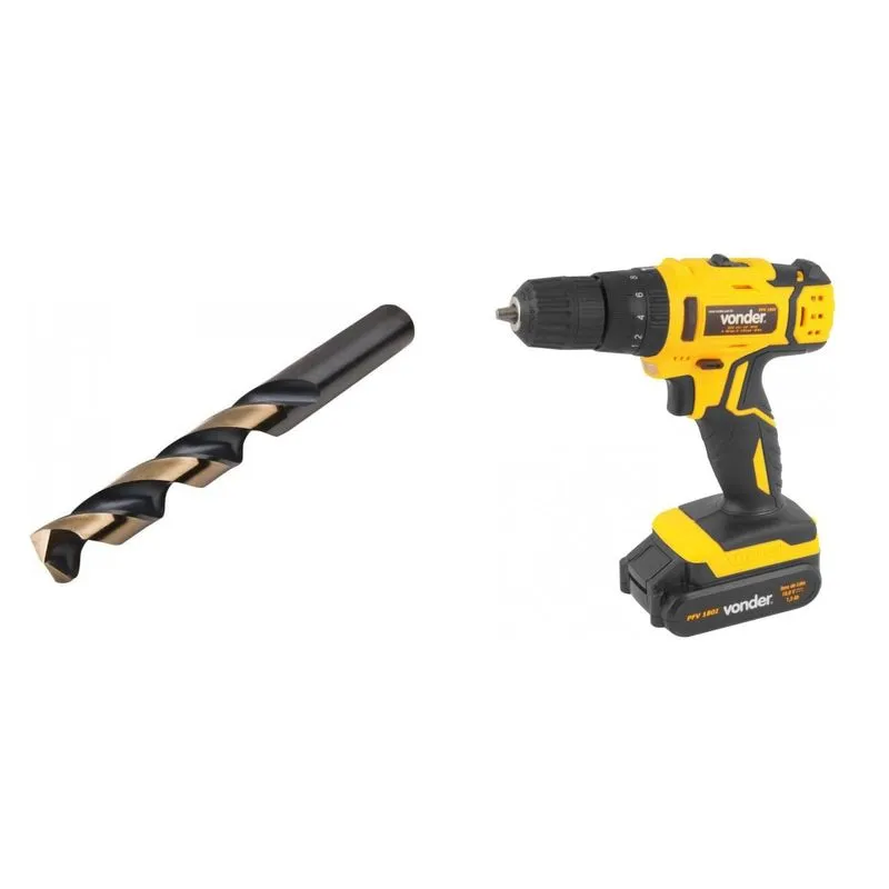 Kit Ferramentas MadeiraMadeira com Parafusadeira/Furadeira 18V Bivolt e Broca de Aço Rápido 190mm 388399 Amarelo