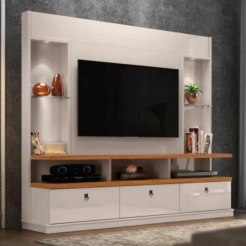 Estante Home Para TV até 55 Polegadas 3 Gavetas 2 Prateleiras Dinamarca Off White/amendoa Off White/Amêndoa