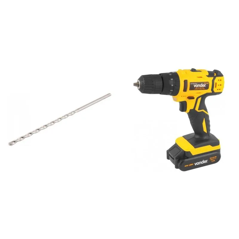 Kit Ferramentas MadeiraMadeira com Parafusadeira/Furadeira 18V Bivolt e Broca Extralonga para Concreto 160mm - 5/8' 391145 Amarelo