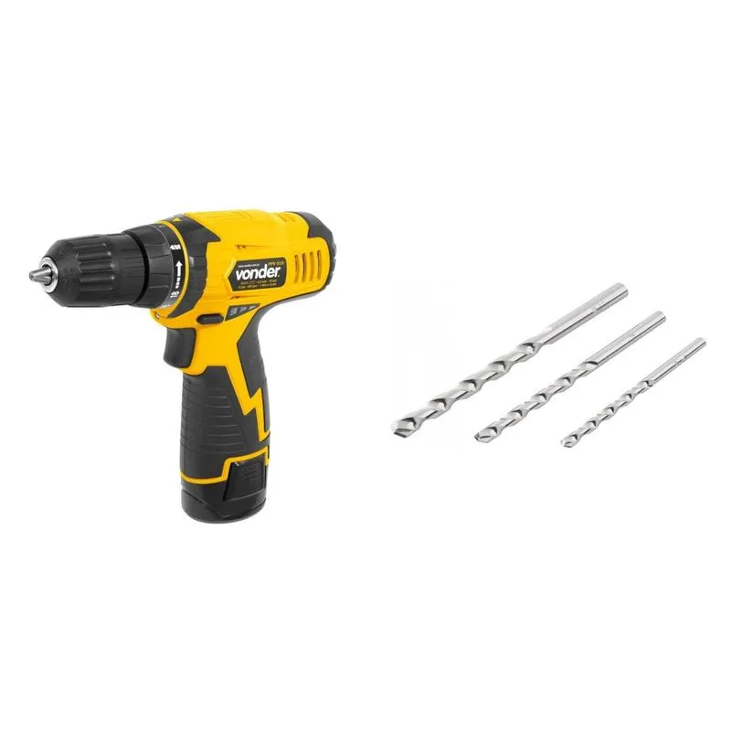 Kit Ferramentas MadeiraMadeira com Parafusadeira/Furadeira 108V Bivolt e Jogo de Brocas para Concreto 5mm a 8mm 389697 Amarelo