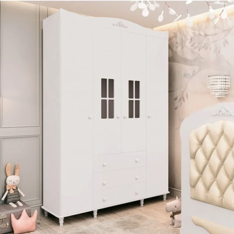 Guarda Roupa Bebê 4 Portas 3 Gavetas Vitoriano Imanza Branco Acetinado