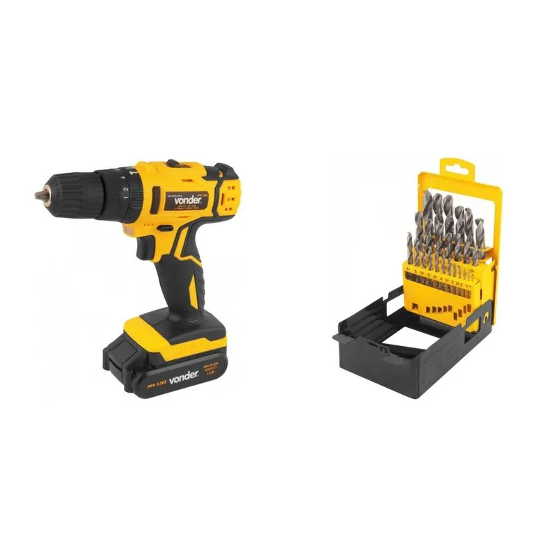 Kit Ferramentas MadeiraMadeira com Parafusadeira/Furadeira 12V Bivolt e Jogo de Brocas de Aço Rápido 10mm a 130mm 389994 Amarelo