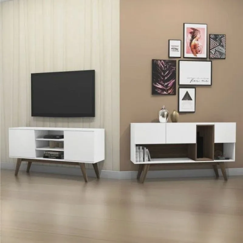 Conjunto para Sala de Estar Rack e Aparador 3 Portas 1 Prateleira Branco Estilare