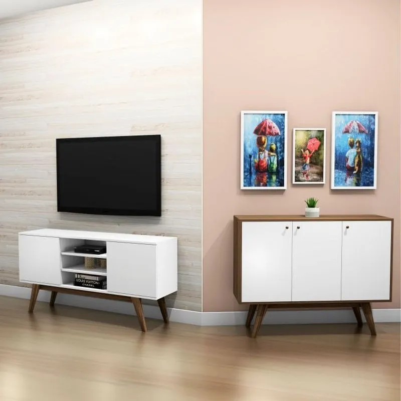 Conjunto para Sala de Estar Rack e Buffet 3 Portas Blend Branco Estilare Branco