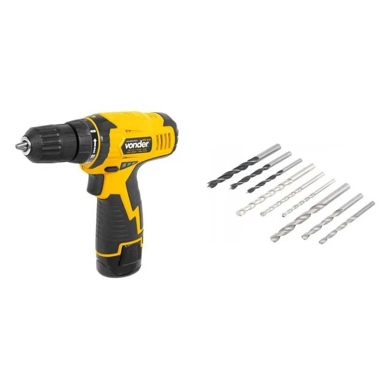 Kit Ferramentas MadeiraMadeira com Parafusadeira/Furadeira 108V Bivolt e Jogo de Brocas 5mm a 8mm 390067 Amarelo