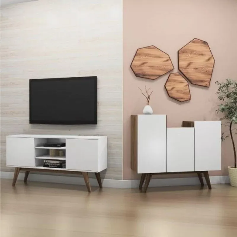 Conjunto para Sala de Estar Rack e Buffet 3 Portas Elegance Branco Estilare