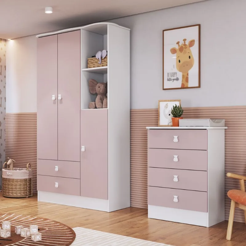 Quarto de Bebê Completo com Guarda-Roupa e Cômoda Arco-Íris Rosa/Branco Branco/Rosa