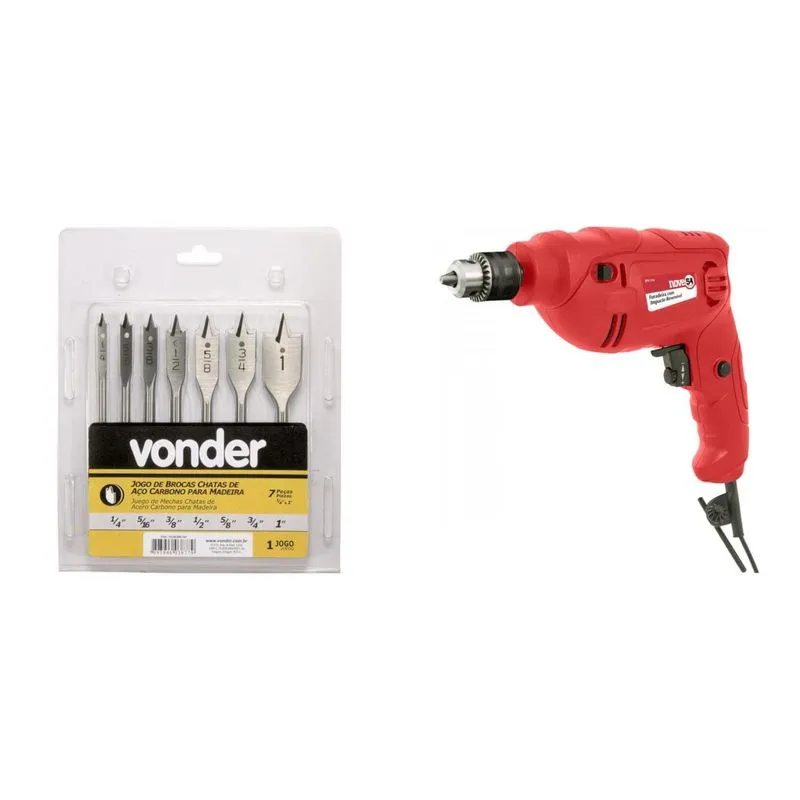 Kit Ferramentas MadeiraMadeira com Jogo de Brocas Chatas 1/4' a 1' e Furadeira com Impacto 3/8 Polegadas 127V 390075 Vermelho
