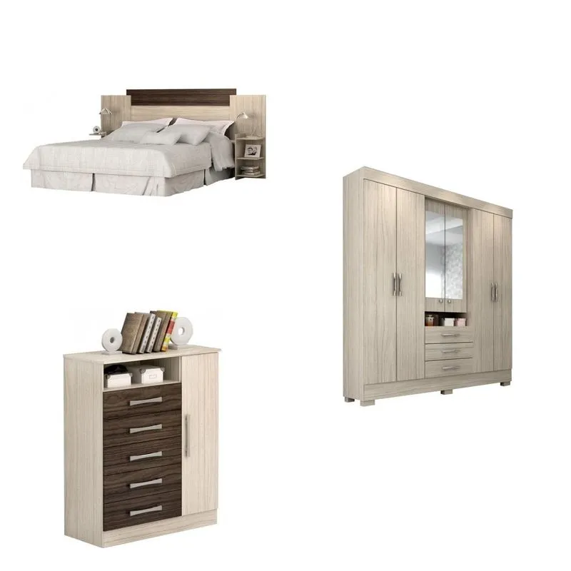 Quarto de Casal Completo MadeiraMadeira com Cabeceira, Cômoda e Guarda Roupa 372961 Bege