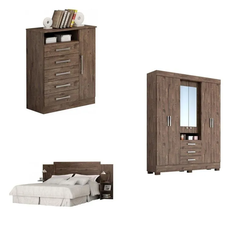 Quarto de Casal Completo MadeiraMadeira com Cabeceira, Cômoda e Guarda Roupa 372927 Marrom