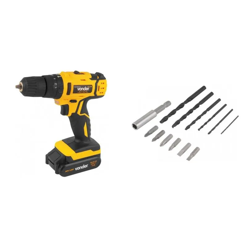 Kit Ferramentas MadeiraMadeira com Parafusadeira/Furadeira 12V Bivolt e Broca de Aço 220mm 388763 Amarelo