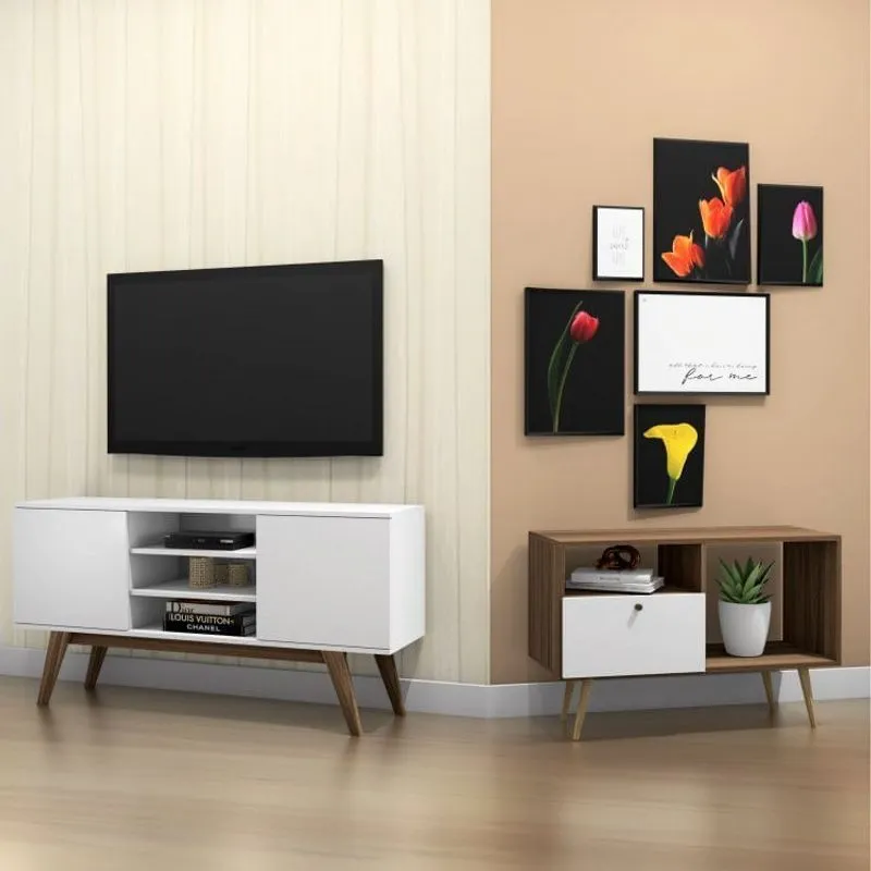 Conjunto para Sala de Estar Rack e Aparador 1 Porta 2 Nichos França Branco Estilare Branco