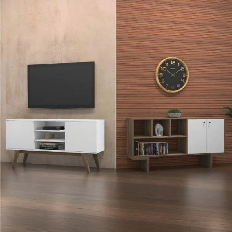 Conjunto para Sala de Estar Rack e Aparador 2 Portas 3 Prateleiras Branco Estilare