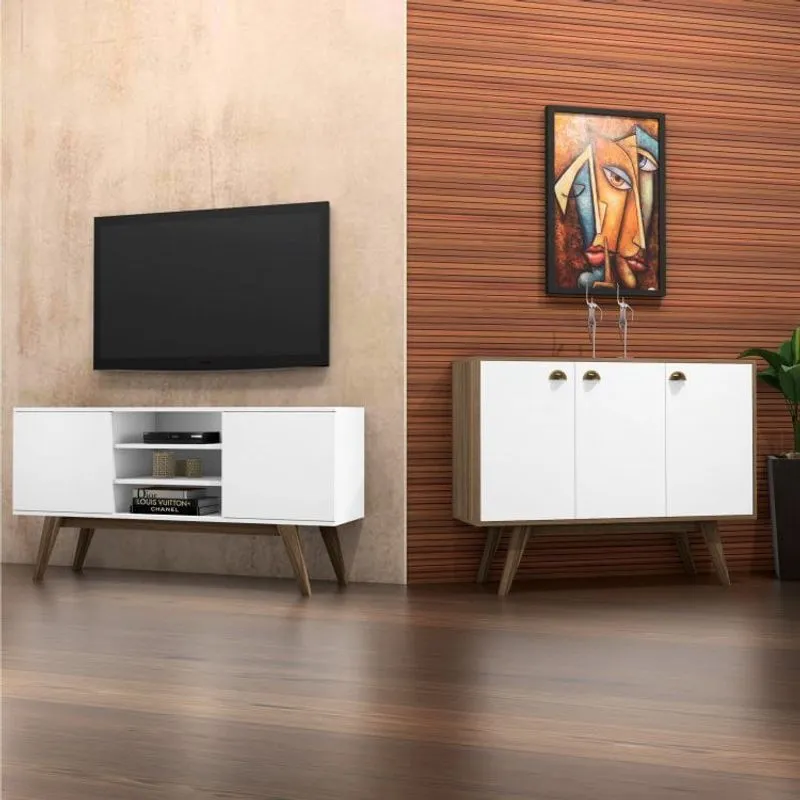 Conjunto para Sala de Estar Rack e Buffet 3 Portas Branco Estilare Branco