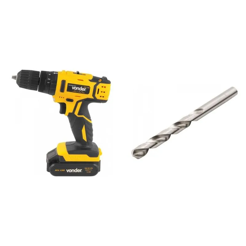Kit Ferramentas MadeiraMadeira com Parafusadeira/Furadeira com impacto 12V Bivolt e Broca de Aço Rápido 87mm 391846 Amarelo