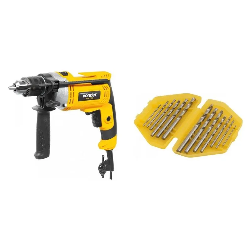 Kit Ferramentas MadeiraMadeira com Furadeira de Impacto 127V e Jogo de Brocas de Aço Rápido 1/16' a 1/4' 390008 Amarelo