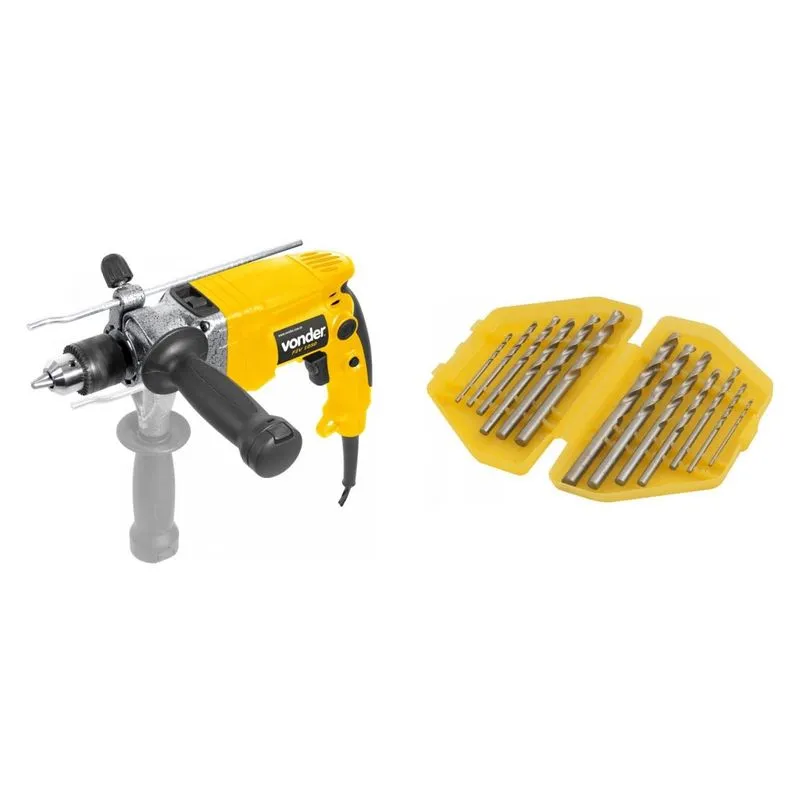 Kit Ferramentas MadeiraMadeira com Furadeira de Impacto 220V e Jogo de Brocas de Aço Rápido 1/16' a 1/4' 390011 Amarelo