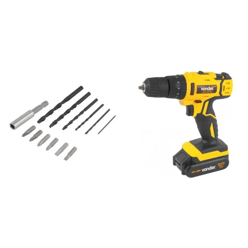Kit Ferramentas MadeiraMadeira com Parafusadeira/Furadeira 18V Bivolt e Broca de Aço 220mm 388764 Amarelo