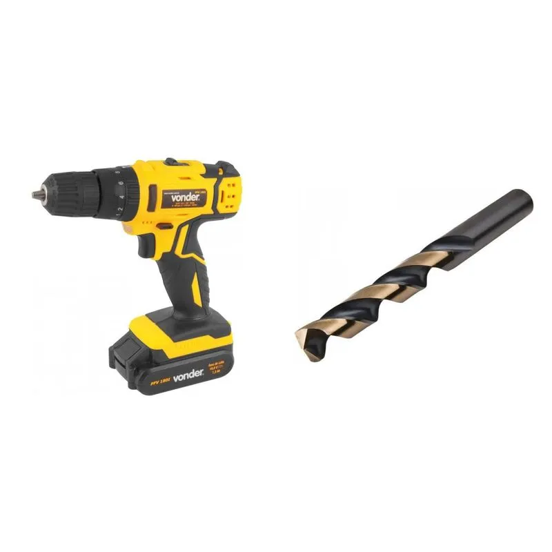 Kit Ferramentas MadeiraMadeira com Parafusadeira/Furadeira com Impacto 18V Bivolt e Broca de Aço Rápido 85mm 391897 Amarelo
