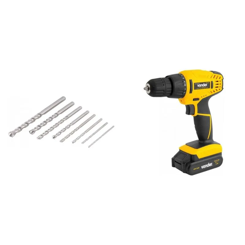 Kit Ferramentas MadeiraMadeira com Parafusadeira/Furadeira 180V Bivolt e Jogo de Brocas para Concreto 3mm a 12mm 389865 Amarelo