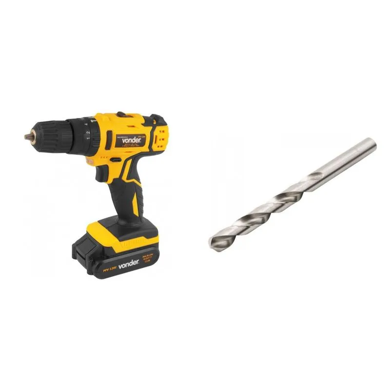 Kit Ferramentas MadeiraMadeira com Parafusadeira/Furadeira 12V Bivolt e Broca de Aço Rápido 250mm 389079 Amarelo
