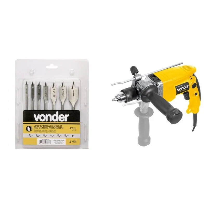 Kit Ferramentas MadeiraMadeira com Furadeira de Impacto 127V e Jogo de Brocas Chatas 1/4' a 1' 390085 Amarelo