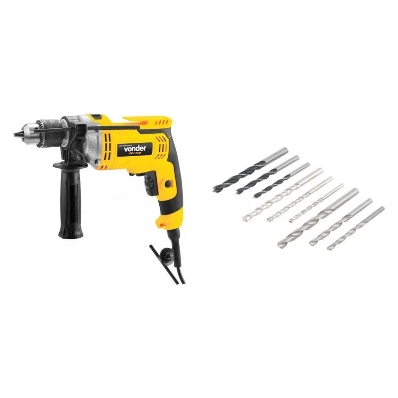 Kit Ferramentas MadeiraMadeira com Furadeira de Impacto 220V e Jogo de Brocas 5mm a 8mm 390059 Amarelo