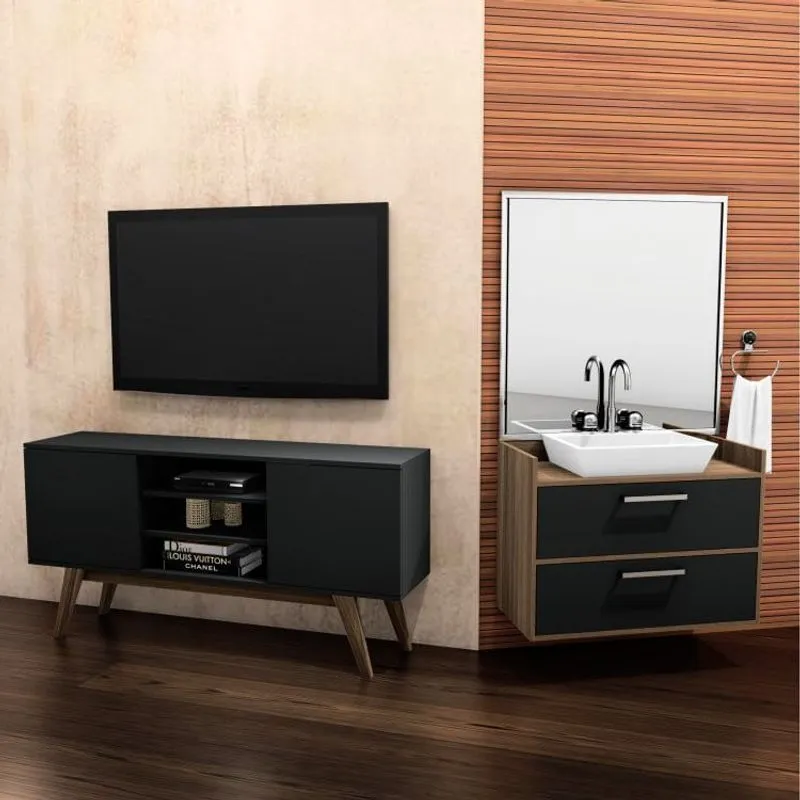 Conjunto para Sala de Estar com Rack para TV até 65 Polegadas e Gabinete Suspenso Estilare Preto/Marrom