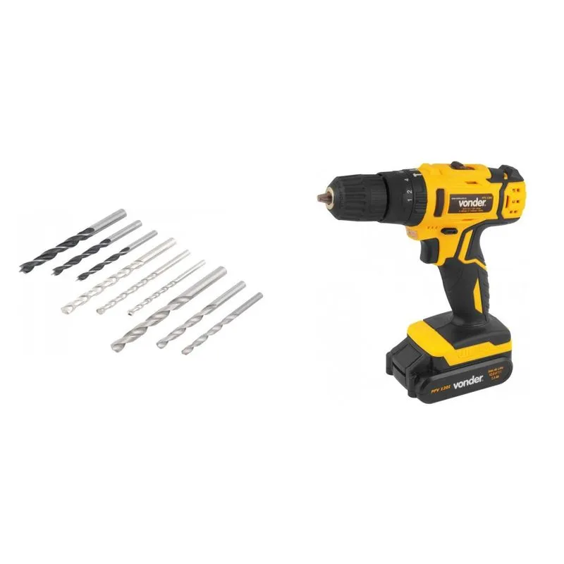 Kit Ferramentas MadeiraMadeira com Parafusadeira/Furadeira 12V Bivolt e Jogo de Brocas 5mm a 8mm 390069 Amarelo