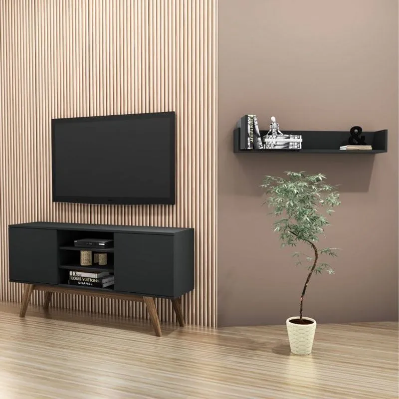 Conjunto para Sala de Estar com Rack para TV até 65 Polegadas e Prateleira Print Estilare Preto