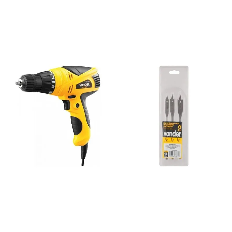 Kit Ferramentas MadeiraMadeira com Furadeira Parafusadeira 127V e Jogo de Brocas Chatas 3/8' a 5/8' 390112 Amarelo
