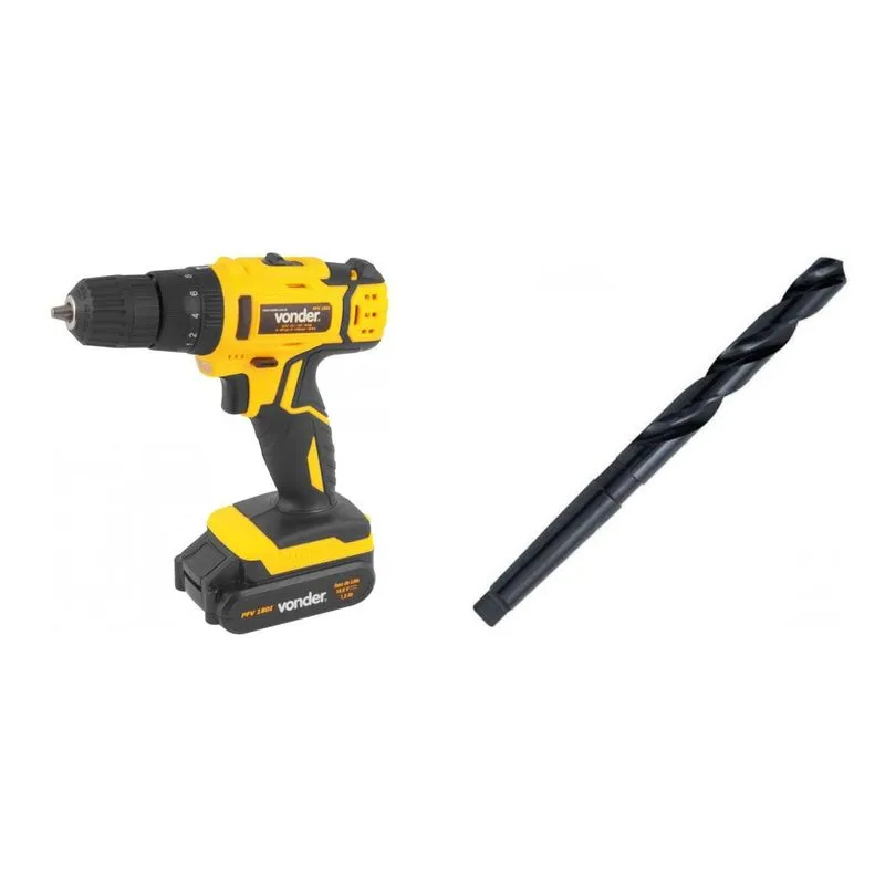 Kit Ferramentas MadeiraMadeira com Parafusadeira/Furadeira com Impacto 18V Bivolt e Broca de Aço Rápido 420mm 393122 Amarelo