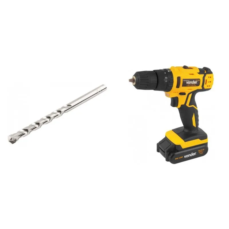 Kit Ferramentas MadeiraMadeira com Parafusadeira/Furadeira 12V Bivolt e Broca para Concreto 100mm - 13/32' 390803 Amarelo