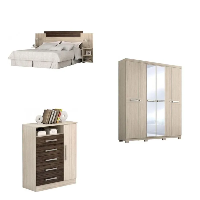 Quarto de Casal Completo MadeiraMadeira com Cabeceira, Cômoda e Guarda Roupa 372956 Bege